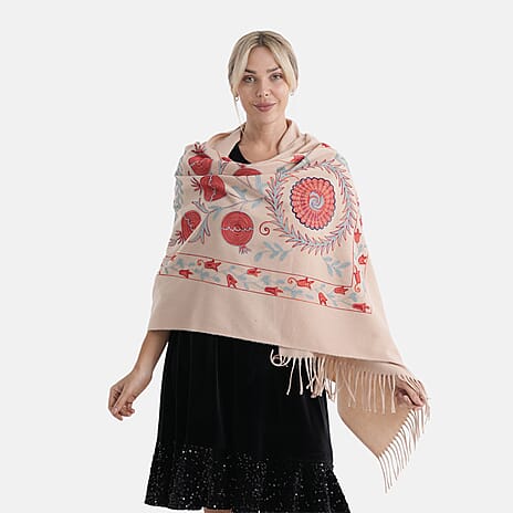 - Maisi Floral Embroidered Scarf With Tassel (180 x 75 Cm) - Brown