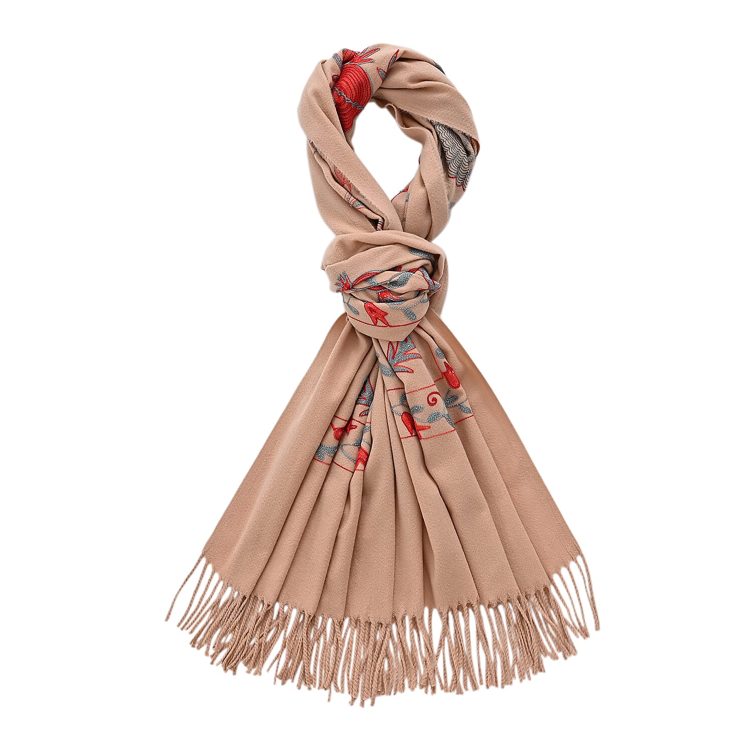 - Maisi Floral Embroidered Scarf With Tassel (180 x 75 Cm) - Brown