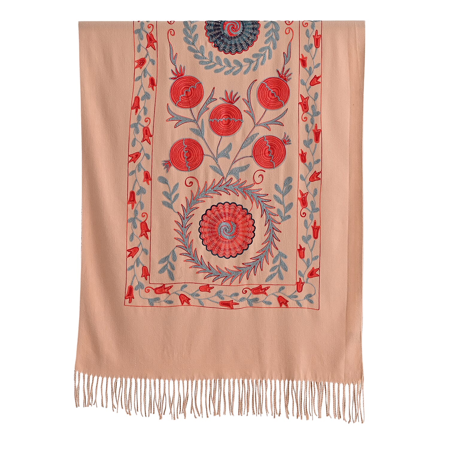 - Maisi Floral Embroidered Scarf With Tassel (180 x 75 Cm) - Brown