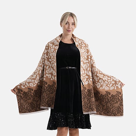 - Maisi Leopard Printed Colour-Block Tassel Scarf (180 x 75Cm) - Beige, Off-White - Brown