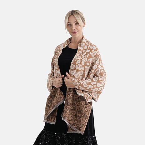 - Maisi Leopard Printed Colour-Block Tassel Scarf (180 x 75Cm) - Beige, Off-White - Brown