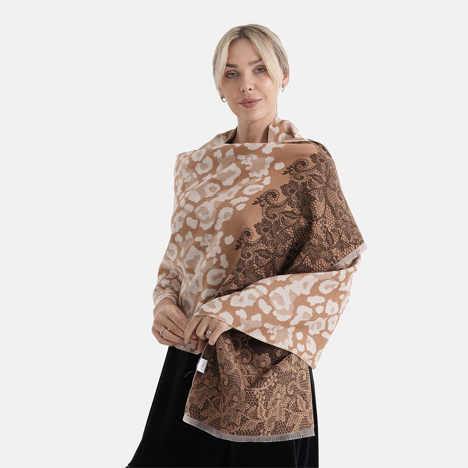 - Maisi Leopard Printed Colour-Block Tassel Scarf (180 x 75Cm) - Beige, Off-White - Brown