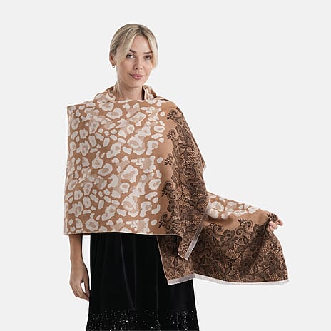 - Maisi Leopard Printed Colour-Block Tassel Scarf (180 x 75Cm) - Beige, Off-White - Brown