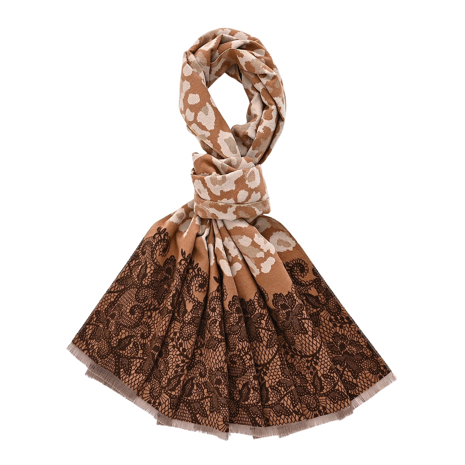 - Maisi Leopard Printed Colour-Block Tassel Scarf (180 x 75Cm) - Beige, Off-White - Brown