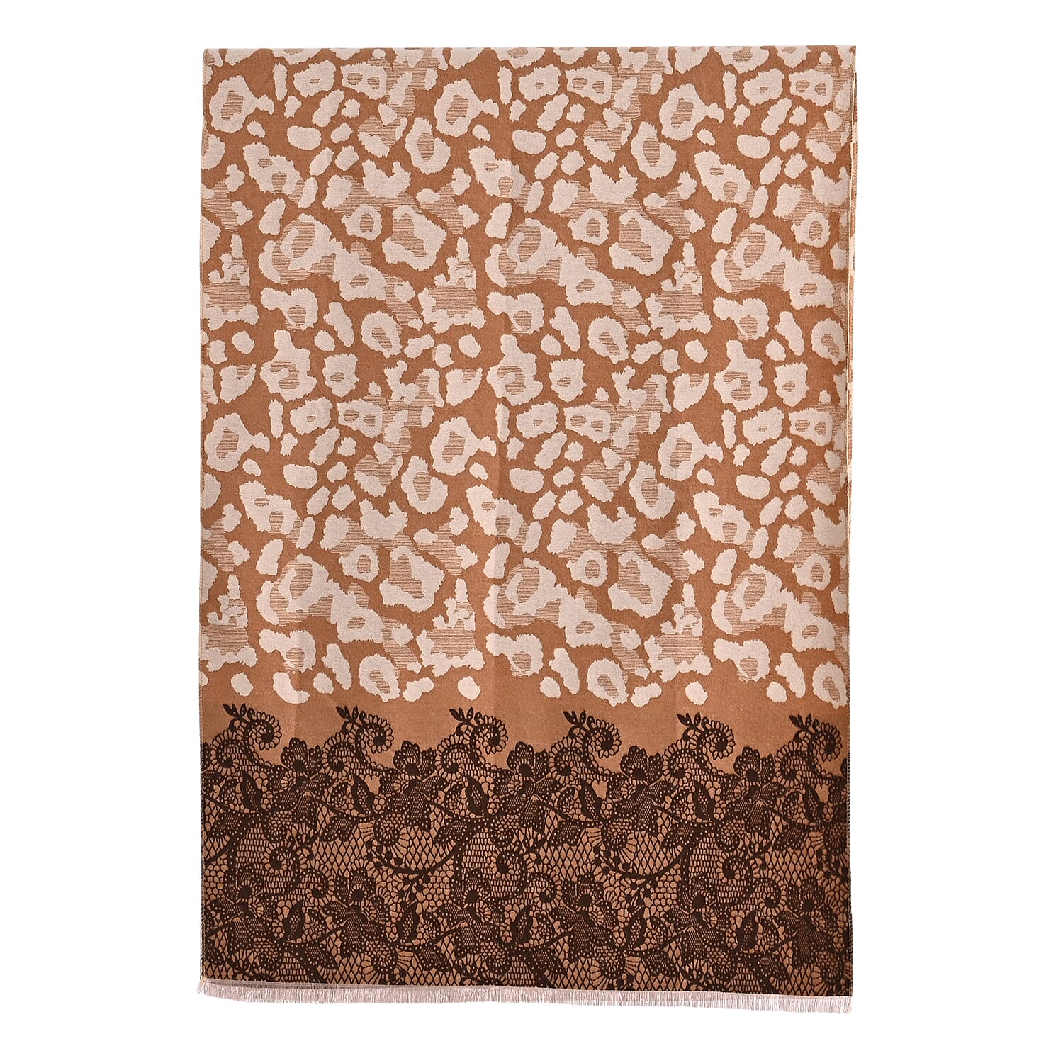 - Maisi Leopard Printed Colour-Block Tassel Scarf (180 x 75Cm) - Beige, Off-White - Brown