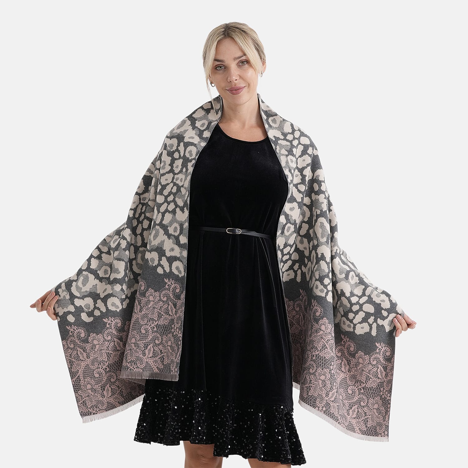 - Maisi Leopard Printed Colour-Block Tassel Scarf (180 x 75Cm) - Grey, Off-White - Pink