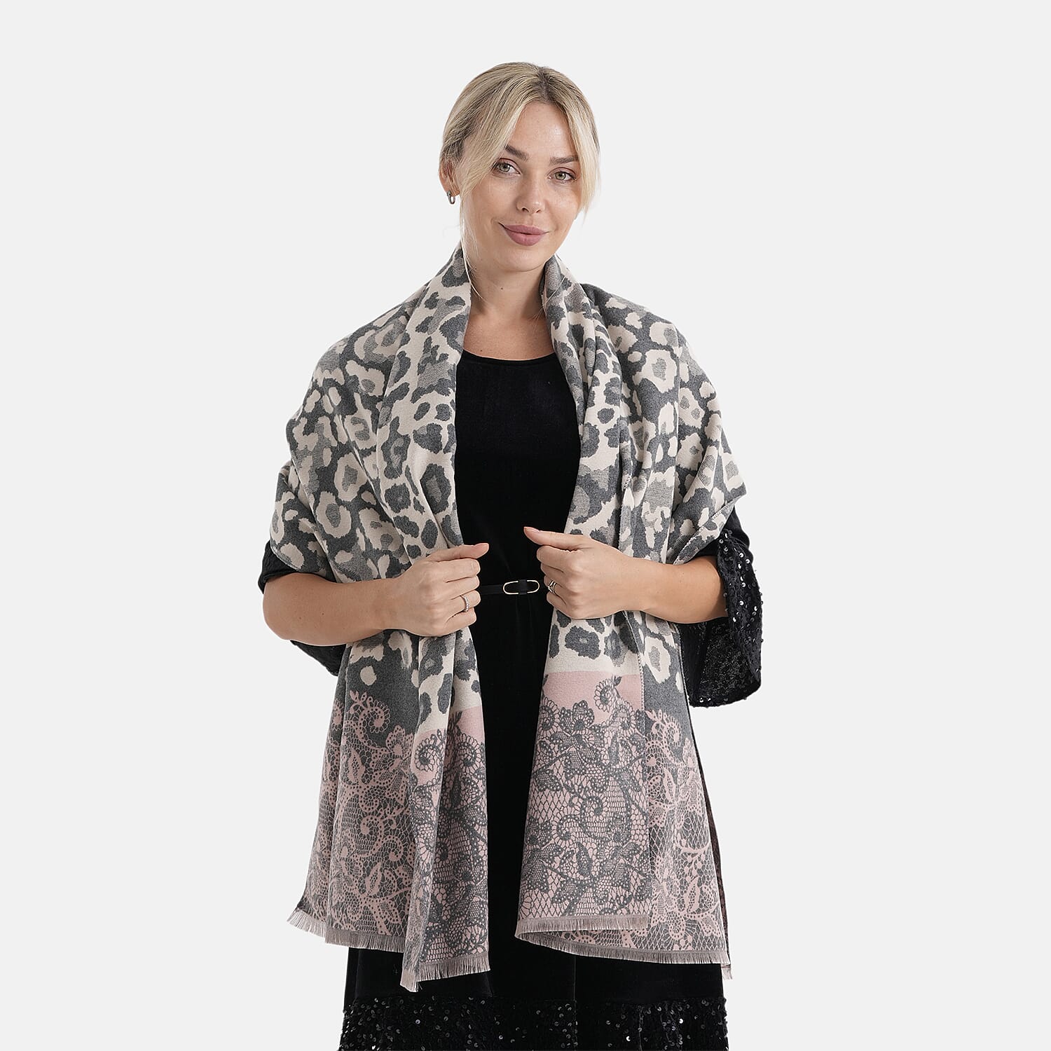 - Maisi Leopard Printed Colour-Block Tassel Scarf (180 x 75Cm) - Grey, Off-White - Pink