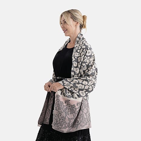 - Maisi Leopard Printed Colour-Block Tassel Scarf (180 x 75Cm) - Grey, Off-White - Pink