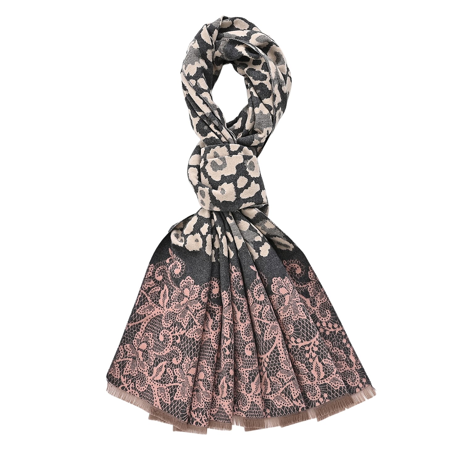 - Maisi Leopard Printed Colour-Block Tassel Scarf (180 x 75Cm) - Grey, Off-White - Pink