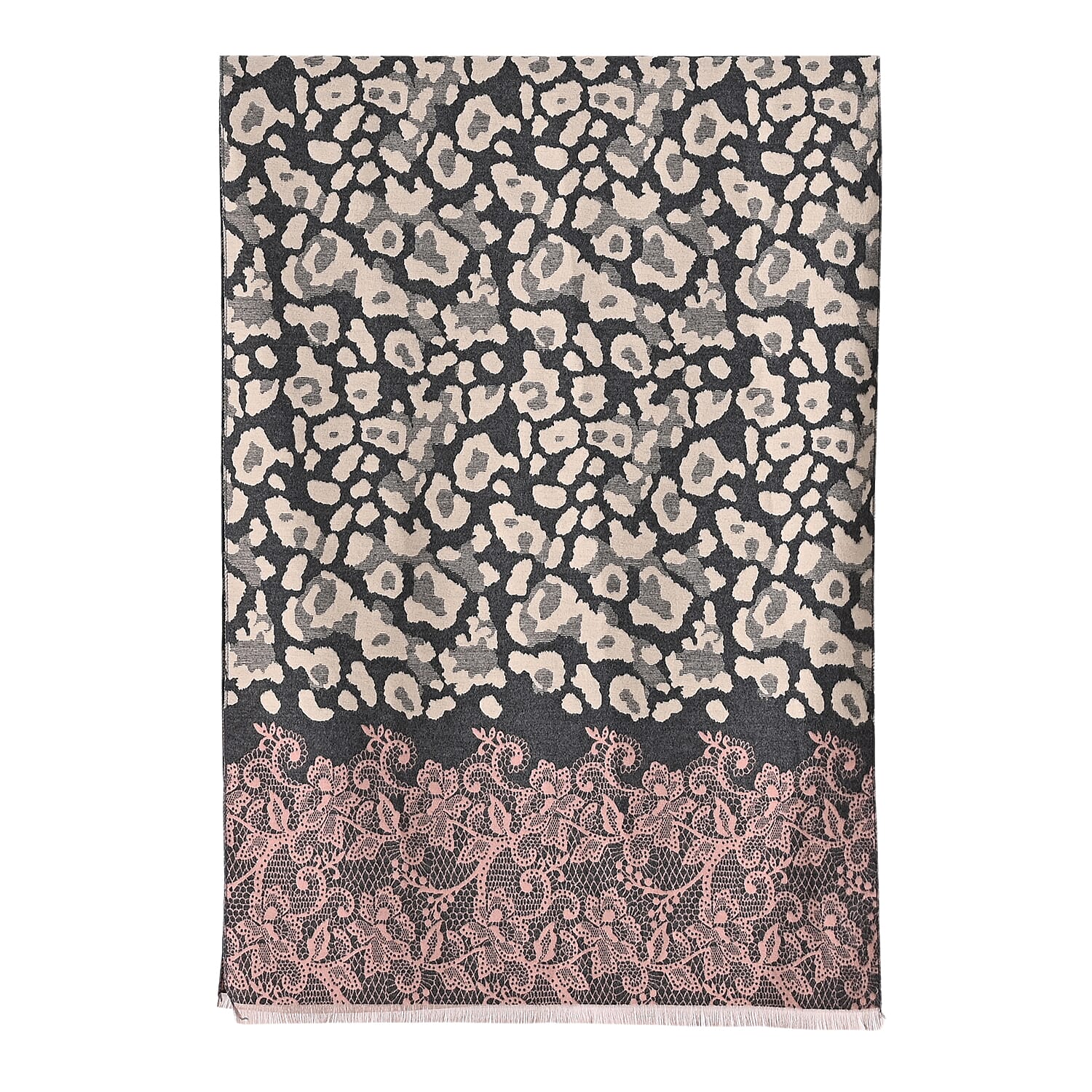 - Maisi Leopard Printed Colour-Block Tassel Scarf (180 x 75Cm) - Grey, Off-White - Pink