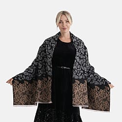 - Maisi Leopard Printed Colour-Block Tassel Scarf (180 x 75Cm) - Grey - Brown