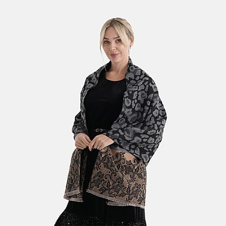 - Maisi Leopard Printed Colour-Block Tassel Scarf (180 x 75Cm) - Grey - Brown