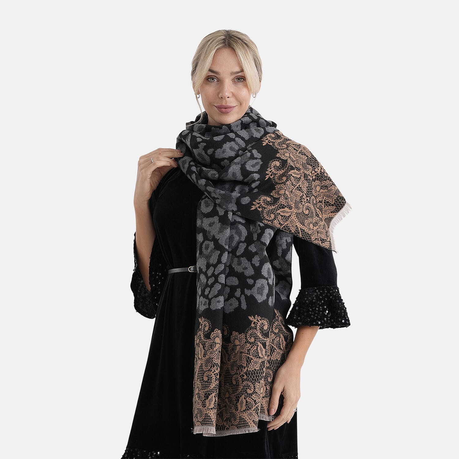 - Maisi Leopard Printed Colour-Block Tassel Scarf (180 x 75Cm) - Grey - Brown