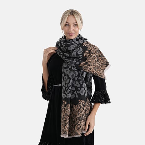 - Maisi Leopard Printed Colour-Block Tassel Scarf (180 x 75Cm) - Grey - Brown