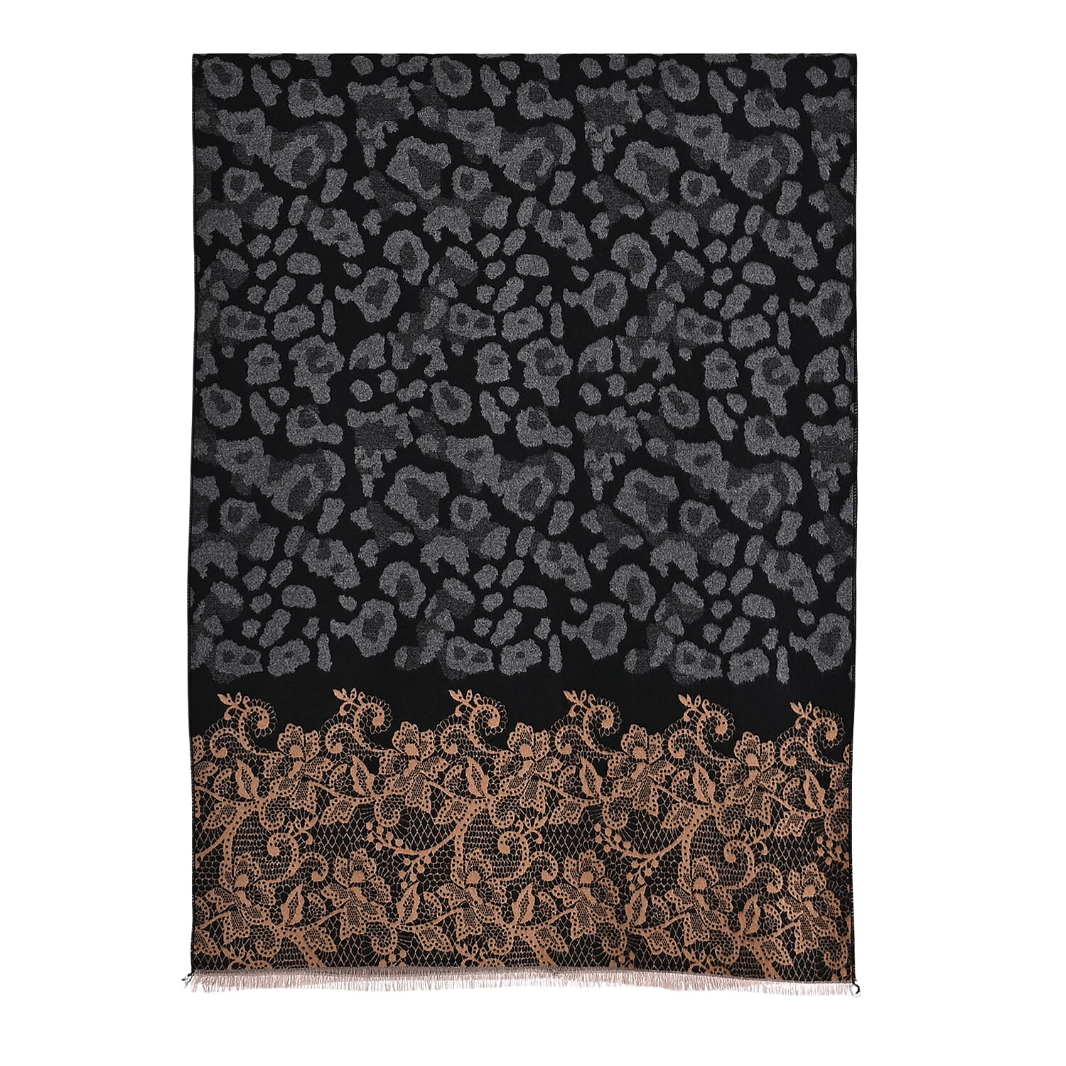 - Maisi Leopard Printed Colour-Block Tassel Scarf (180 x 75Cm) - Grey - Brown