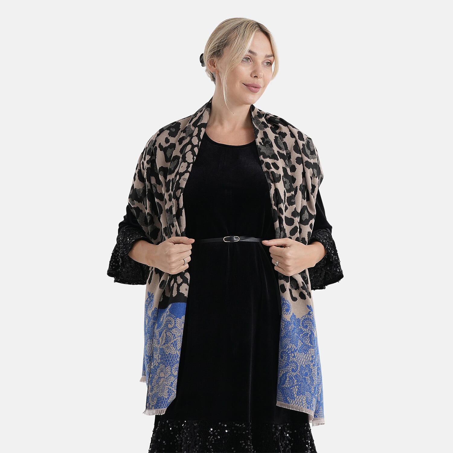 - Maisi Leopard Printed Colour-Block Tassel Scarf (180 x 75Cm) - Blue - Black