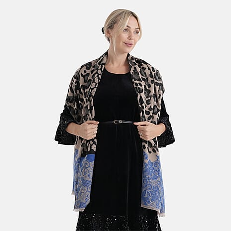- Maisi Leopard Printed Colour-Block Tassel Scarf (180 x 75Cm) - Blue - Black