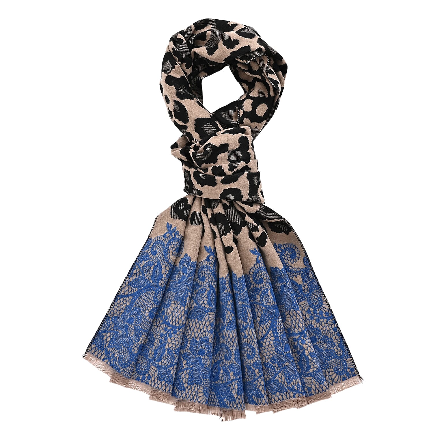 - Maisi Leopard Printed Colour-Block Tassel Scarf (180 x 75Cm) - Blue - Black