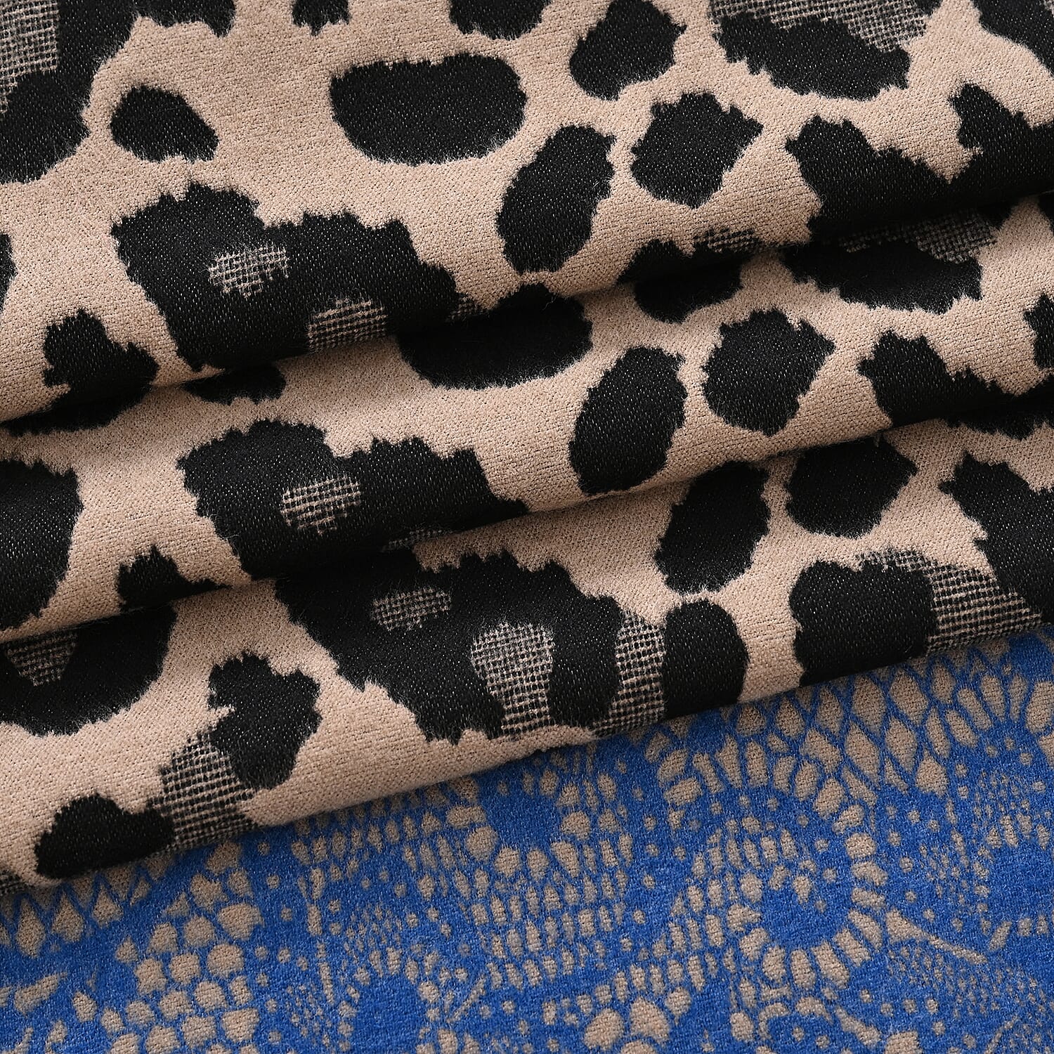 - Maisi Leopard Printed Colour-Block Tassel Scarf (180 x 75Cm) - Blue - Black