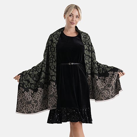 - Maisi Leopard Printed Colour-Block Tassel Scarf (180 x 75Cm) - Green, Black - Brown