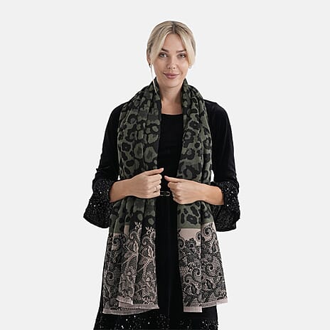 - Maisi Leopard Printed Colour-Block Tassel Scarf (180 x 75Cm) - Green, Black - Brown
