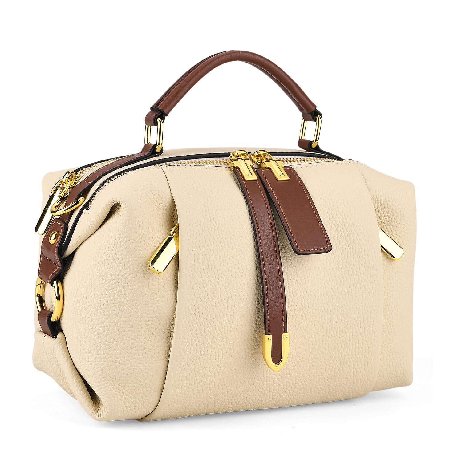 One Time Deal - Genuine Leather Crossbody Dual Section Fully Lined Bag With Adjustable Fabric Strap and Adjustable Leather Strap With Buckle - Ivory