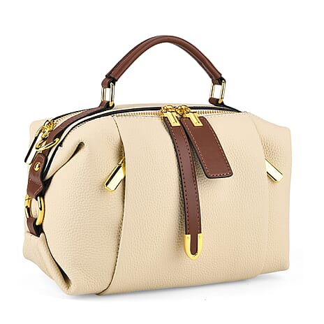 One Time Deal - Genuine Leather Crossbody Dual Section Fully Lined Bag With Adjustable Fabric Strap and Adjustable Leather Strap With Buckle - Ivory