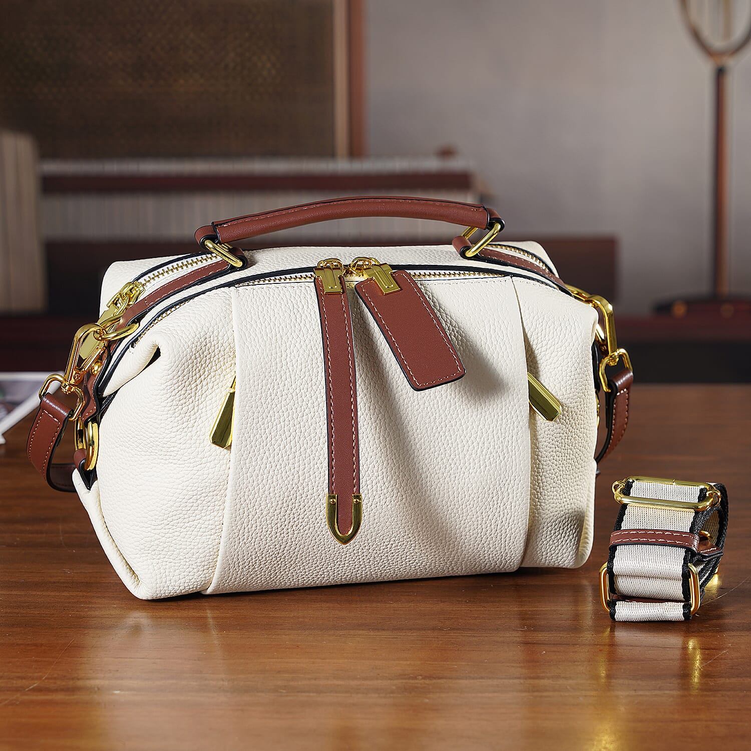 One Time Deal - Genuine Leather Crossbody Dual Section Fully Lined Bag With Adjustable Fabric Strap and Adjustable Leather Strap With Buckle - Ivory