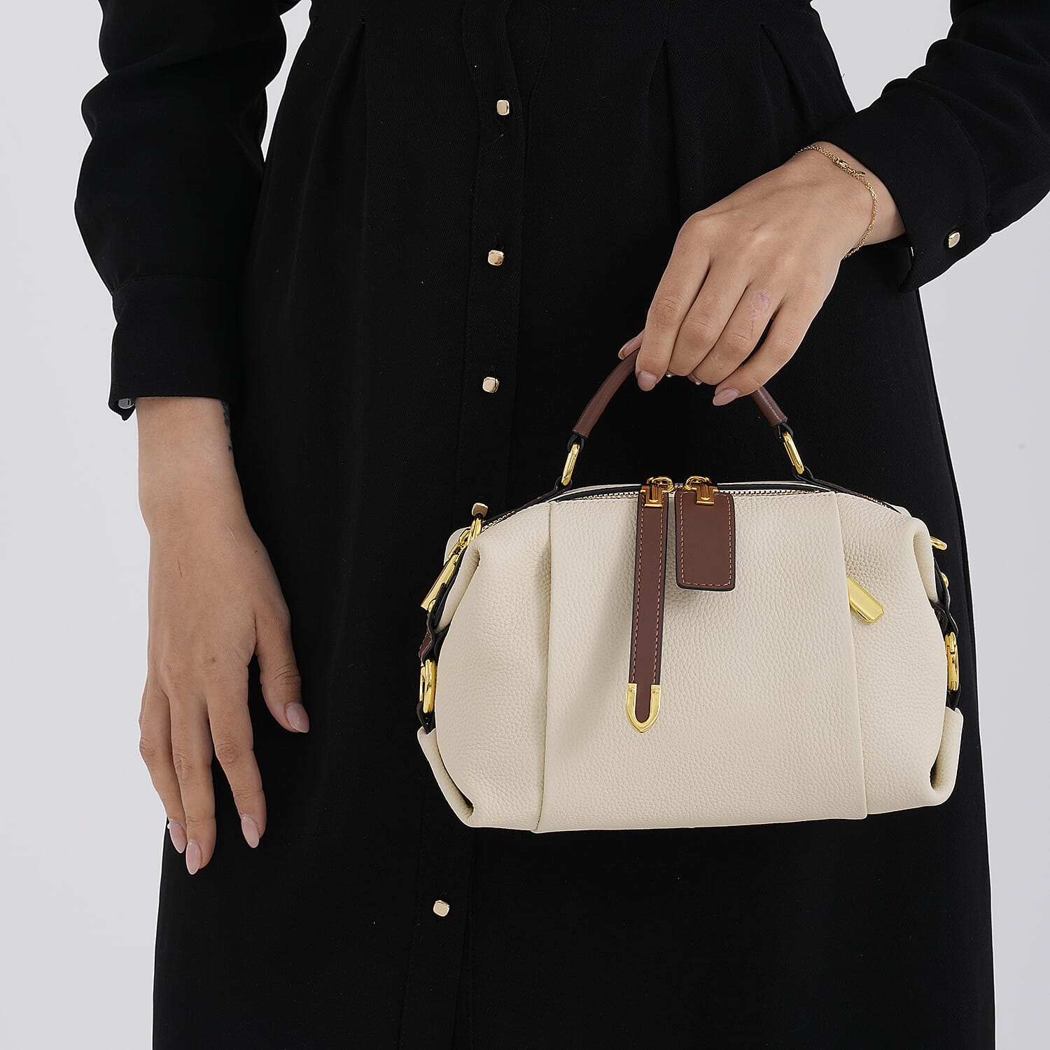 One Time Deal - Genuine Leather Crossbody Dual Section Fully Lined Bag With Adjustable Fabric Strap and Adjustable Leather Strap With Buckle - Ivory