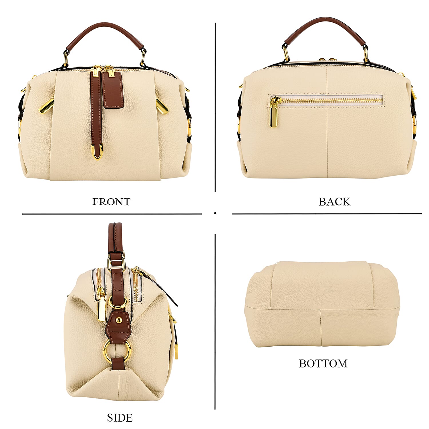 One Time Deal - Genuine Leather Crossbody Dual Section Fully Lined Bag With Adjustable Fabric Strap and Adjustable Leather Strap With Buckle - Ivory