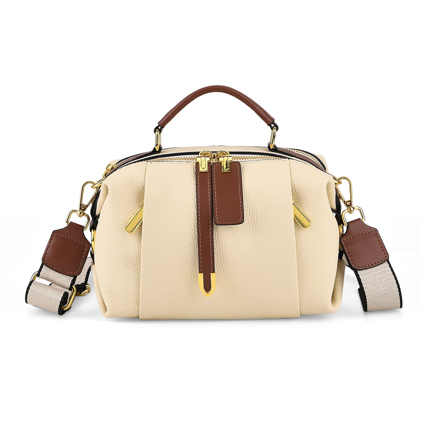 One Time Deal - Genuine Leather Crossbody Dual Section Fully Lined Bag With Adjustable Fabric Strap and Adjustable Leather Strap With Buckle - Ivory