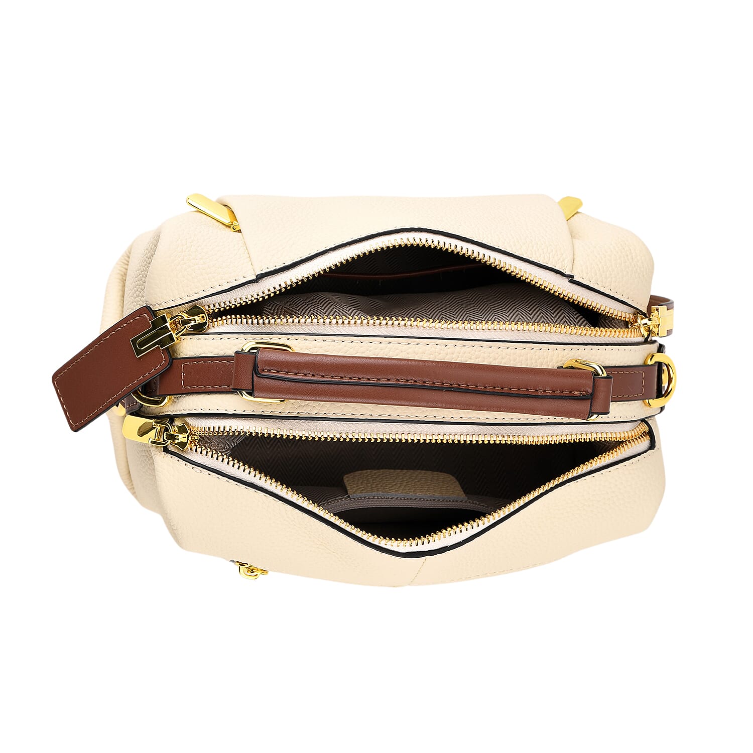One Time Deal - Genuine Leather Crossbody Dual Section Fully Lined Bag With Adjustable Fabric Strap and Adjustable Leather Strap With Buckle - Ivory