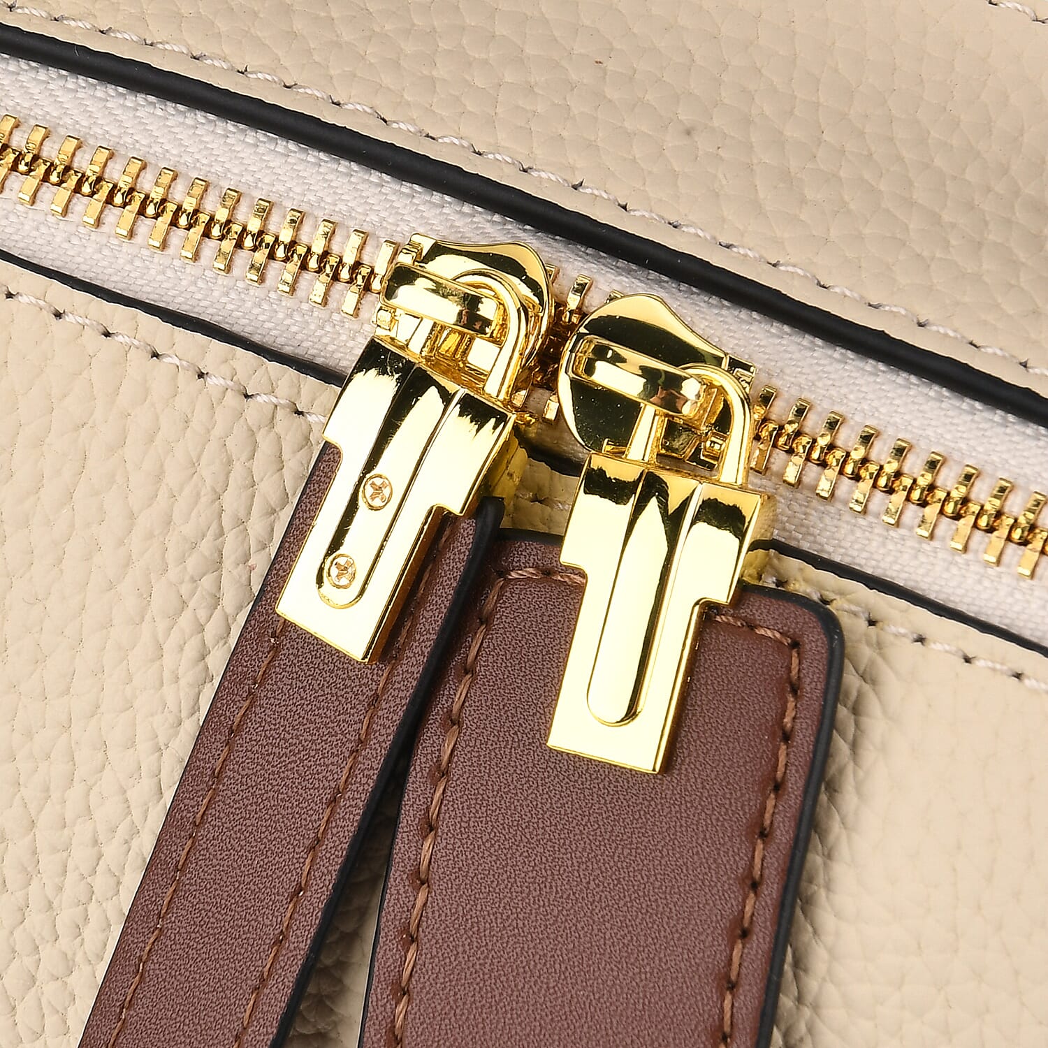 One Time Deal - Genuine Leather Crossbody Dual Section Fully Lined Bag With Adjustable Fabric Strap and Adjustable Leather Strap With Buckle - Ivory