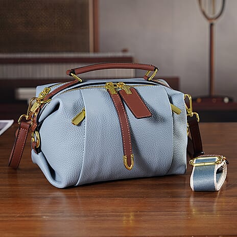 One Time Deal - Genuine Leather Crossbody Dual Section Fully Lined Bag With Adjustable Fabric Strap and Adjustable Leather Strap With Buckle - Cornflower