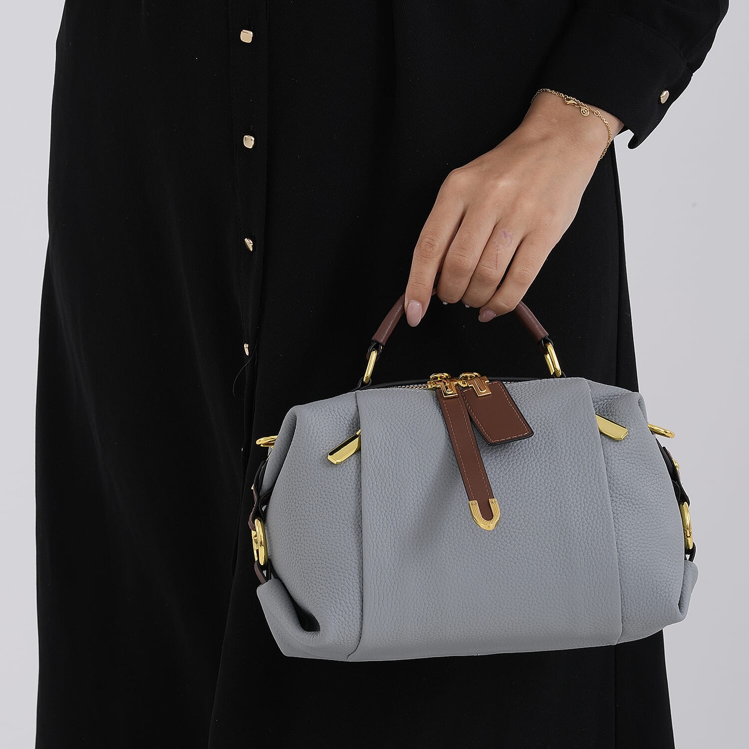 One Time Deal - Genuine Leather Crossbody Dual Section Fully Lined Bag With Adjustable Fabric Strap and Adjustable Leather Strap With Buckle - Cornflower