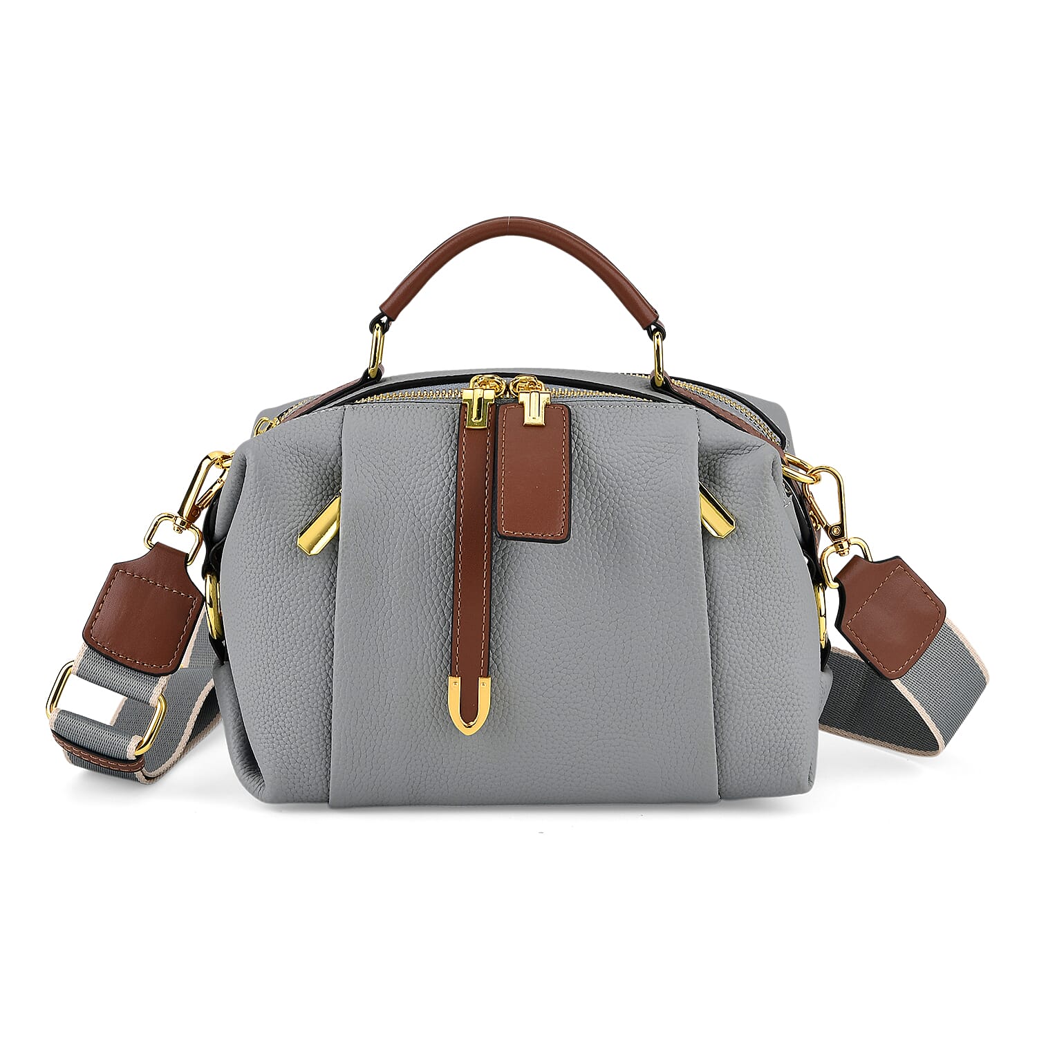 One Time Deal - Genuine Leather Crossbody Dual Section Fully Lined Bag With Adjustable Fabric Strap and Adjustable Leather Strap With Buckle - Cornflower