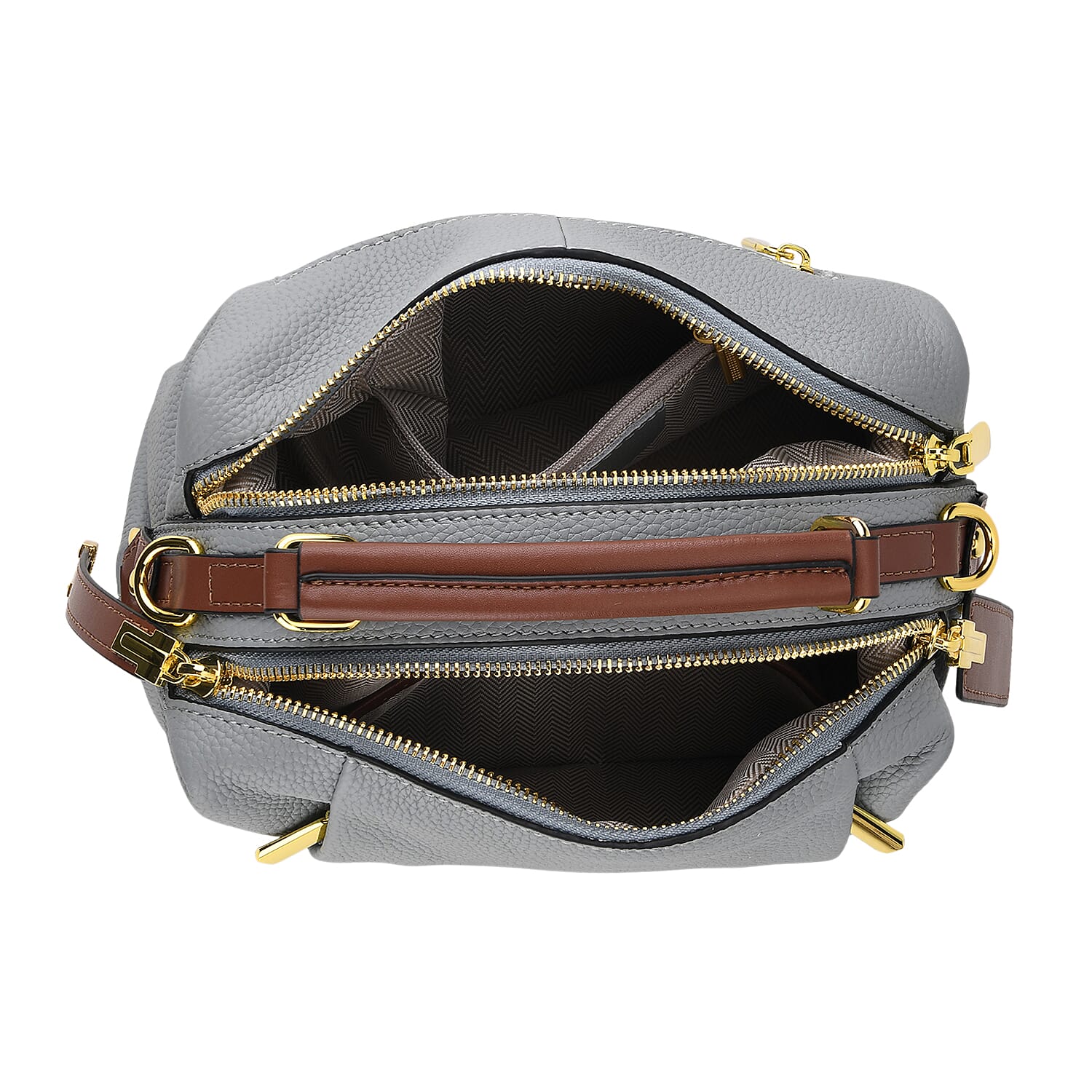 One Time Deal - Genuine Leather Crossbody Dual Section Fully Lined Bag With Adjustable Fabric Strap and Adjustable Leather Strap With Buckle - Cornflower