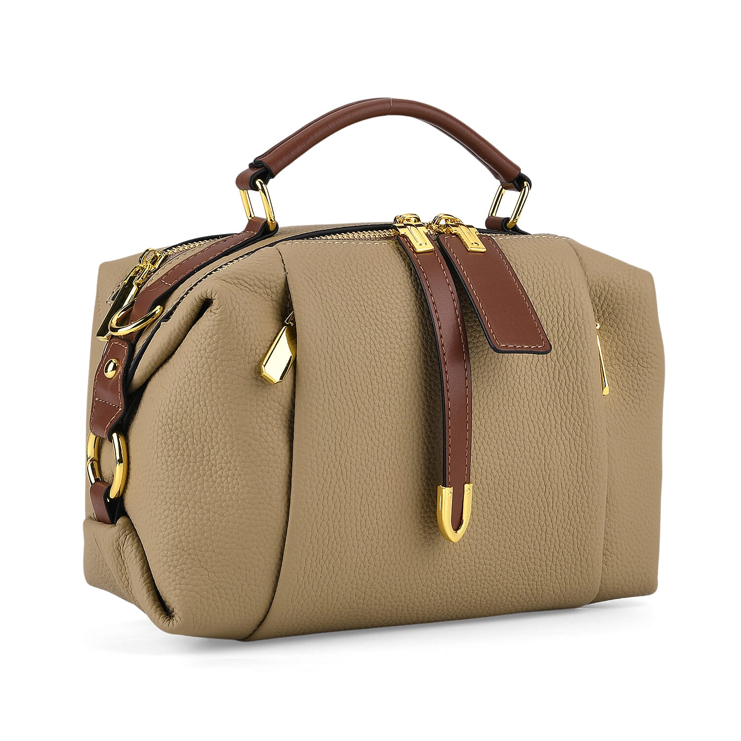 One Time Deal - Genuine Leather Crossbody Dual Section Fully Lined Bag With Adjustable Fabric Strap and Adjustable Leather Strap With Buckle - Beige