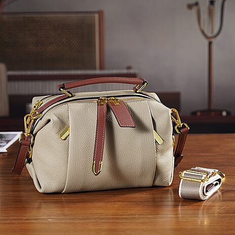 One Time Deal - Genuine Leather Crossbody Dual Section Fully Lined Bag With Adjustable Fabric Strap and Adjustable Leather Strap With Buckle - Beige
