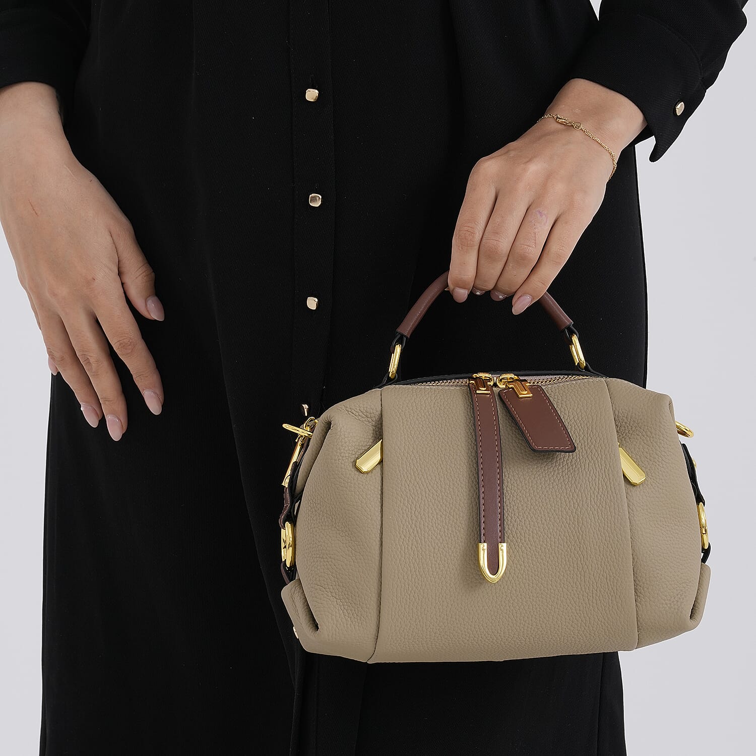 One Time Deal - Genuine Leather Crossbody Dual Section Fully Lined Bag With Adjustable Fabric Strap and Adjustable Leather Strap With Buckle - Beige