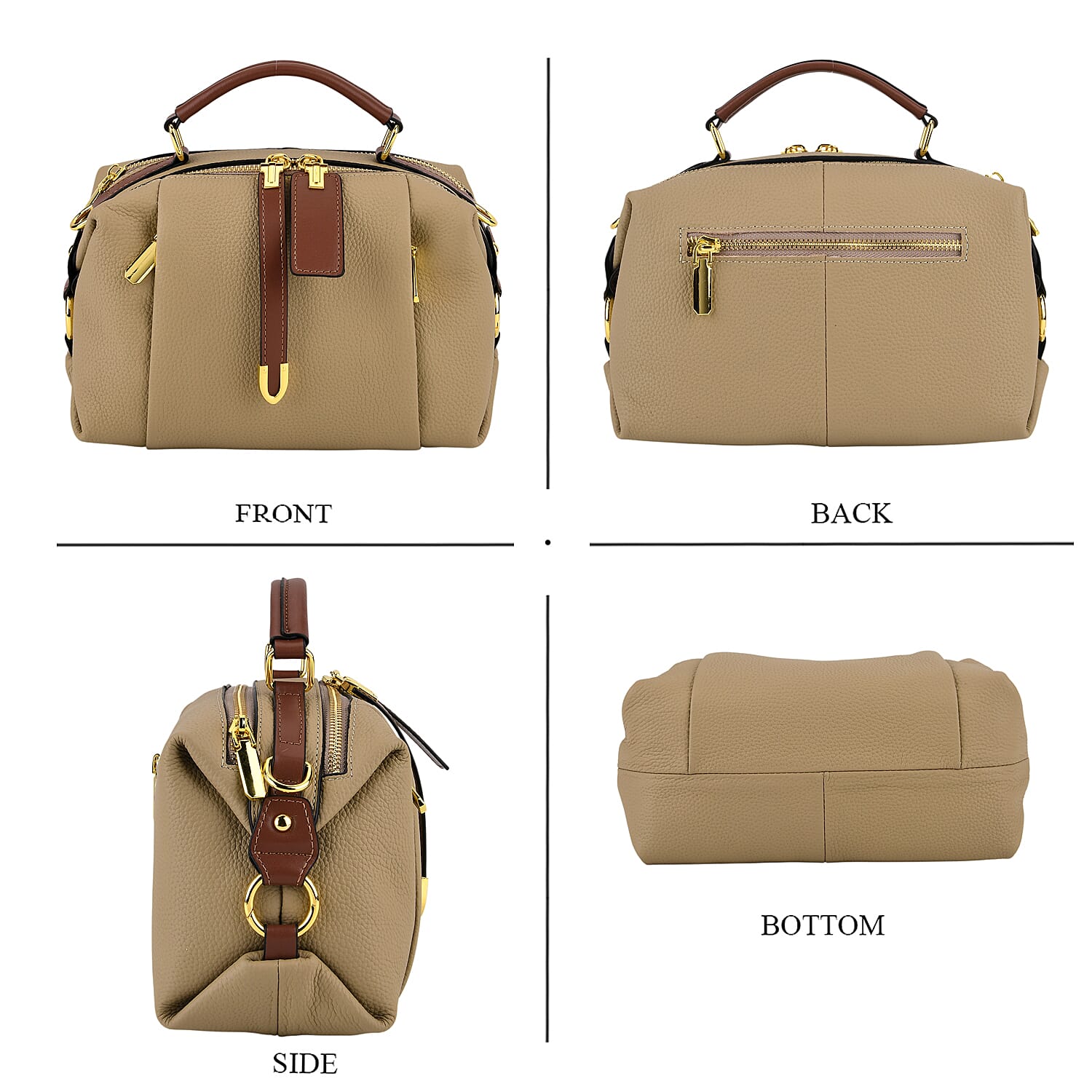 One Time Deal - Genuine Leather Crossbody Dual Section Fully Lined Bag With Adjustable Fabric Strap and Adjustable Leather Strap With Buckle - Beige