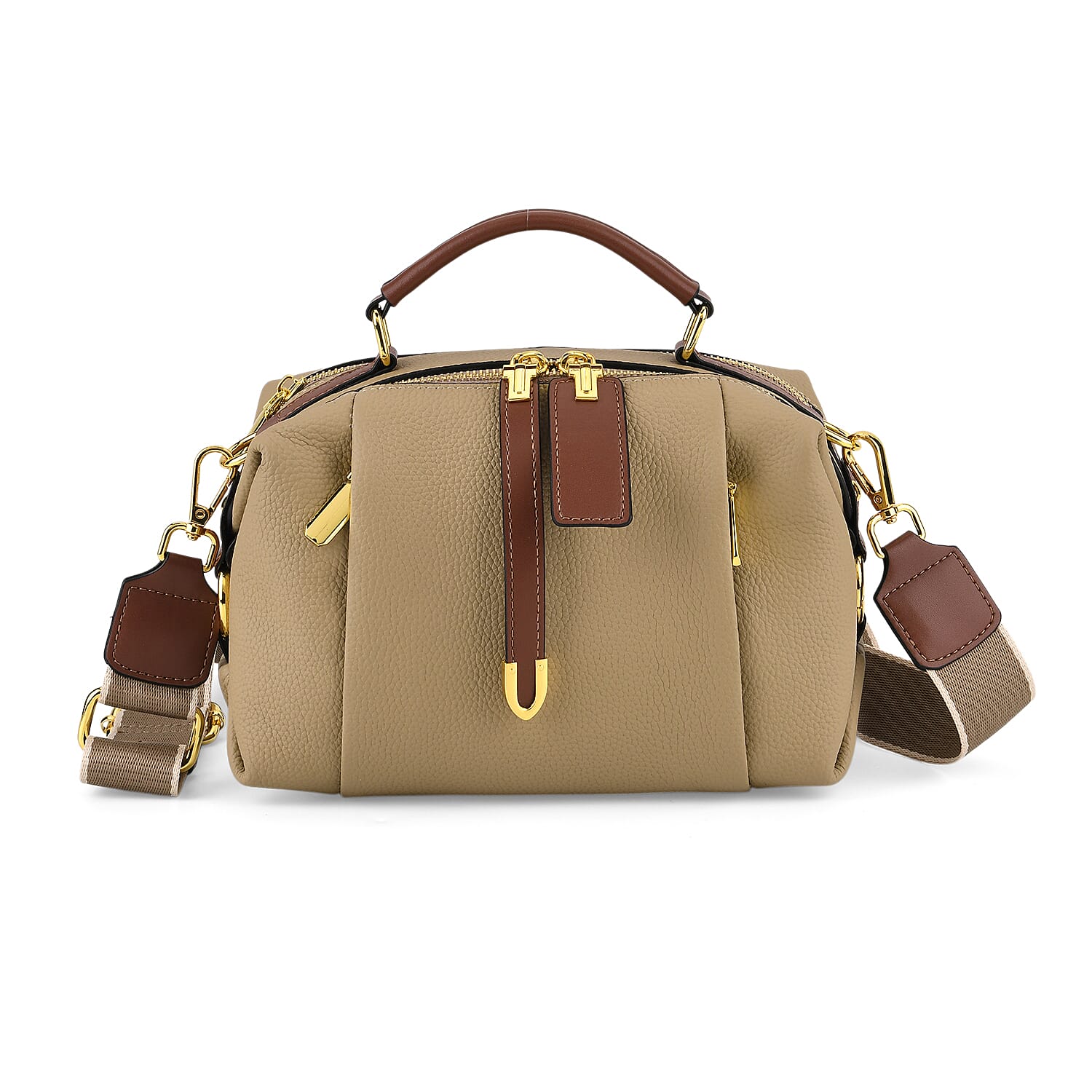 One Time Deal - Genuine Leather Crossbody Dual Section Fully Lined Bag With Adjustable Fabric Strap and Adjustable Leather Strap With Buckle - Beige