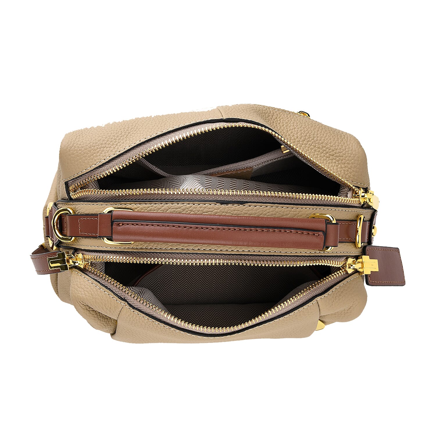 One Time Deal - Genuine Leather Crossbody Dual Section Fully Lined Bag With Adjustable Fabric Strap and Adjustable Leather Strap With Buckle - Beige