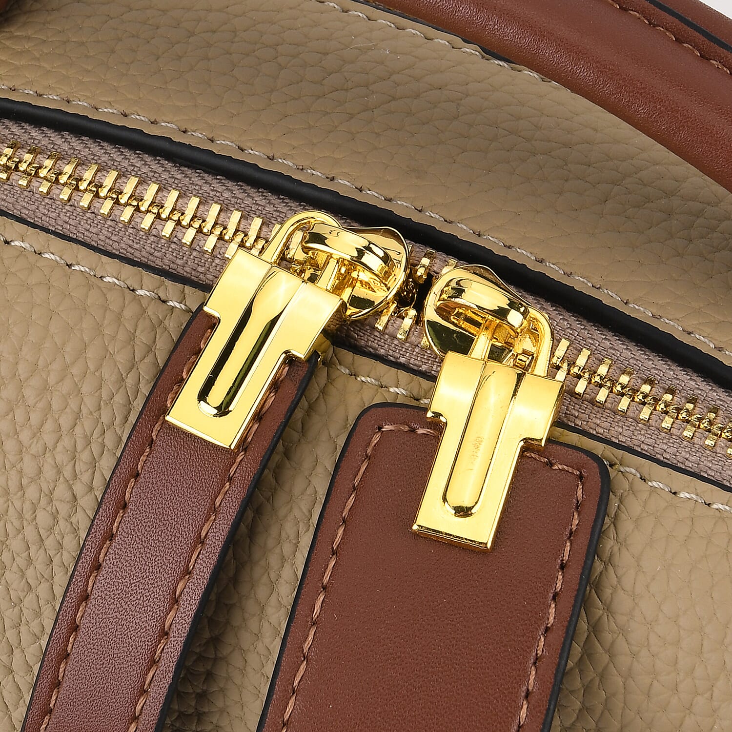 One Time Deal - Genuine Leather Crossbody Dual Section Fully Lined Bag With Adjustable Fabric Strap and Adjustable Leather Strap With Buckle - Beige