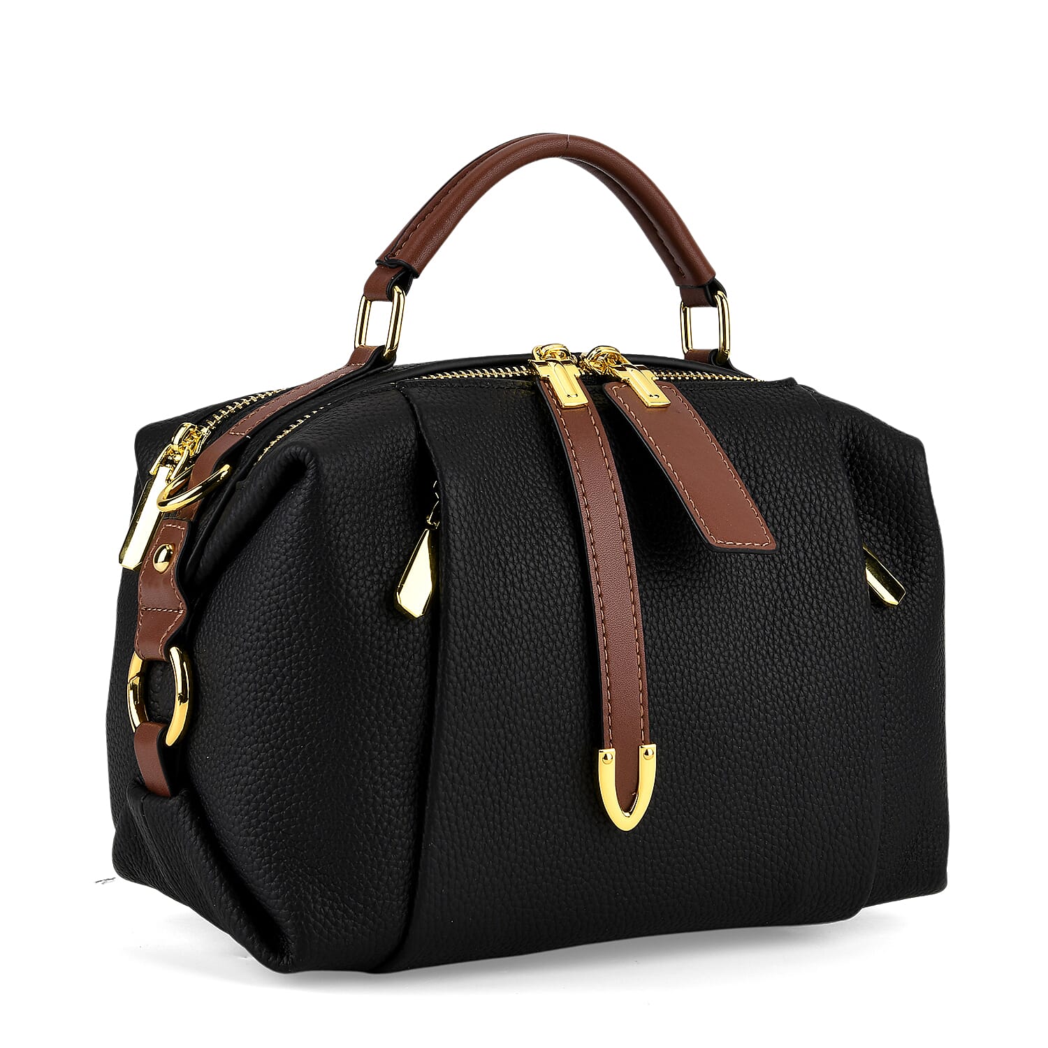 One Time Deal - Genuine Leather Crossbody Dual Section Fully Lined Bag With Adjustable Fabric Strap and Adjustable Leather Strap With Buckle - Black