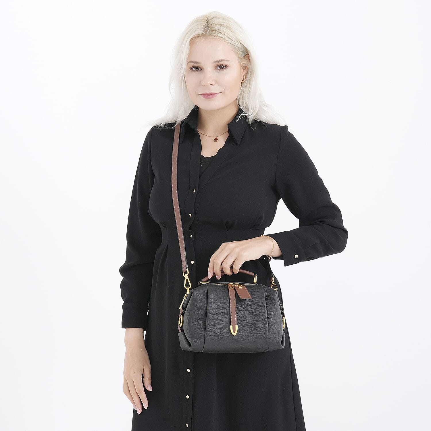One Time Deal - Genuine Leather Crossbody Dual Section Fully Lined Bag With Adjustable Fabric Strap and Adjustable Leather Strap With Buckle - Black