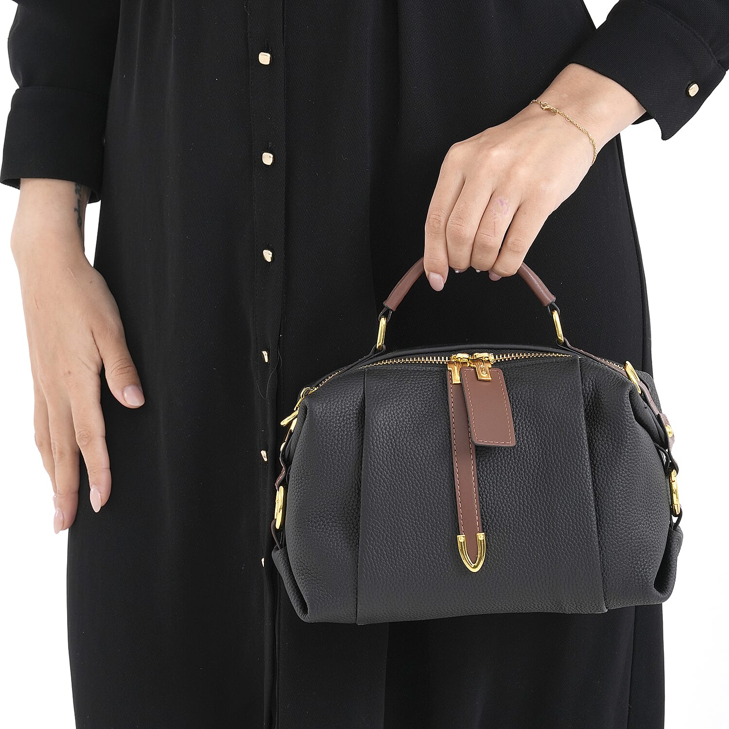 One Time Deal - Genuine Leather Crossbody Dual Section Fully Lined Bag With Adjustable Fabric Strap and Adjustable Leather Strap With Buckle - Black