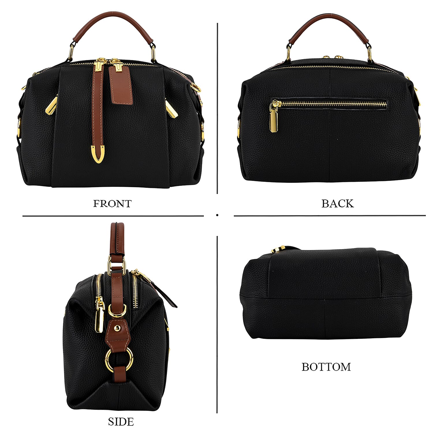 One Time Deal - Genuine Leather Crossbody Dual Section Fully Lined Bag With Adjustable Fabric Strap and Adjustable Leather Strap With Buckle - Black