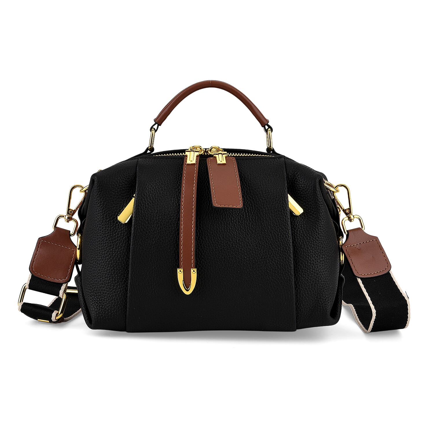 One Time Deal - Genuine Leather Crossbody Dual Section Fully Lined Bag With Adjustable Fabric Strap and Adjustable Leather Strap With Buckle - Black