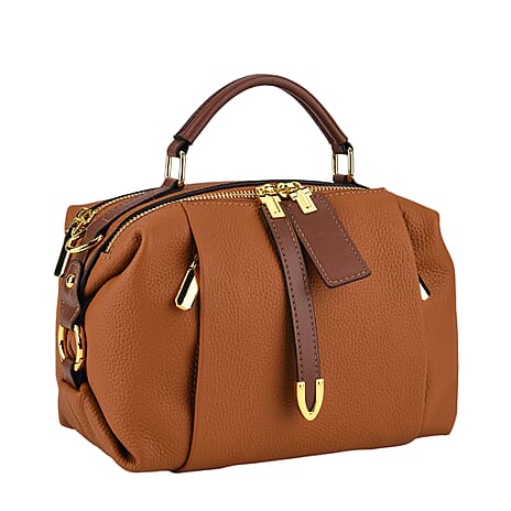 One Time Deal - Genuine Leather Crossbody Dual Section Fully Lined Bag With Adjustable Fabric Strap and Adjustable Leather Strap With Buckle - Tan